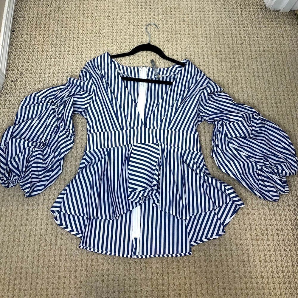 Women’s Blue and White Stripe Peplum Blouse with Balloon Sleeves